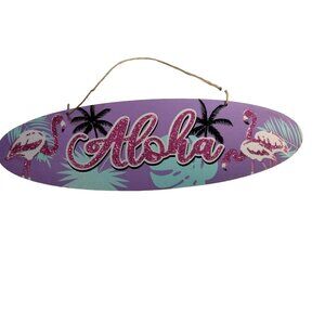 Aloha Wall Purple Plaque  Pink Glitter Flamingos Palm Trees Surfboard Coastal